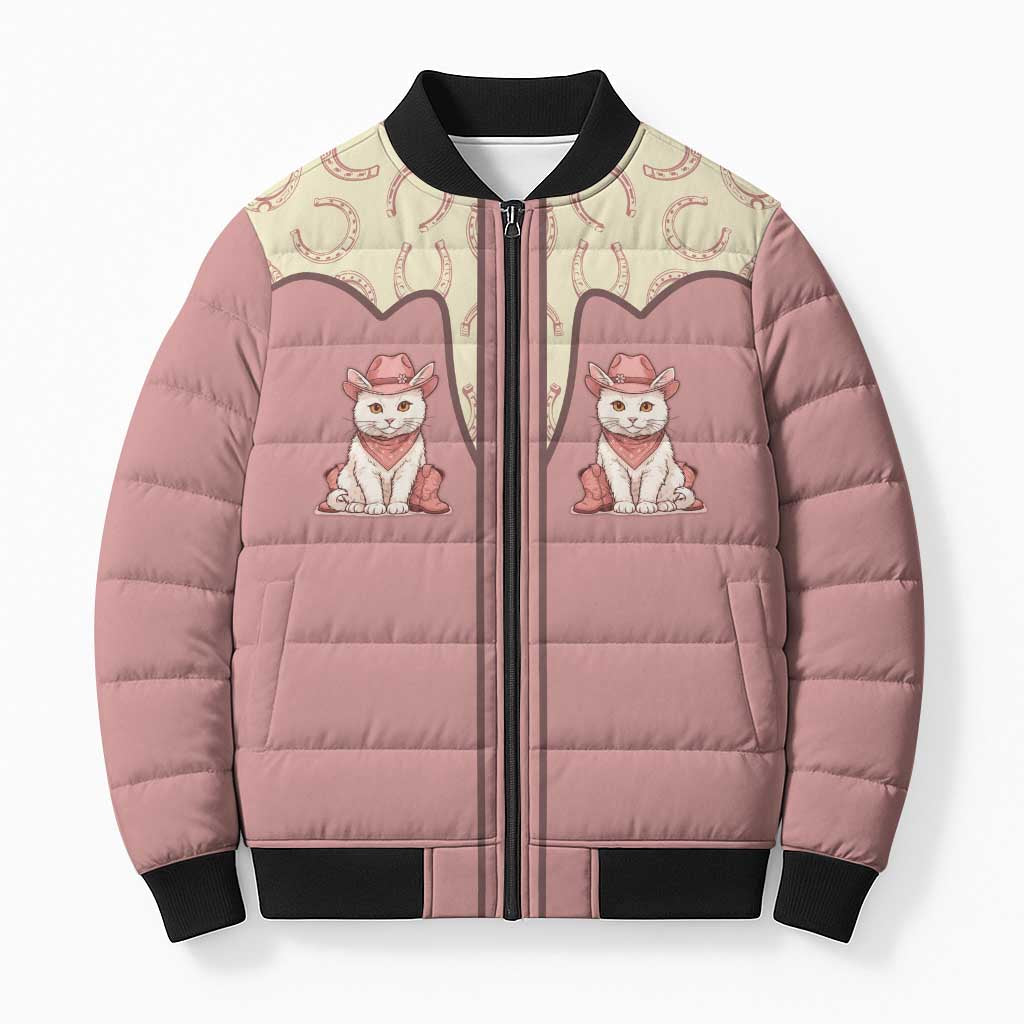 Cowcat Bomber Puffer Jacket Cowboy Cat Meowdy Retro Western Yoke Pink - Wonder Print Shop