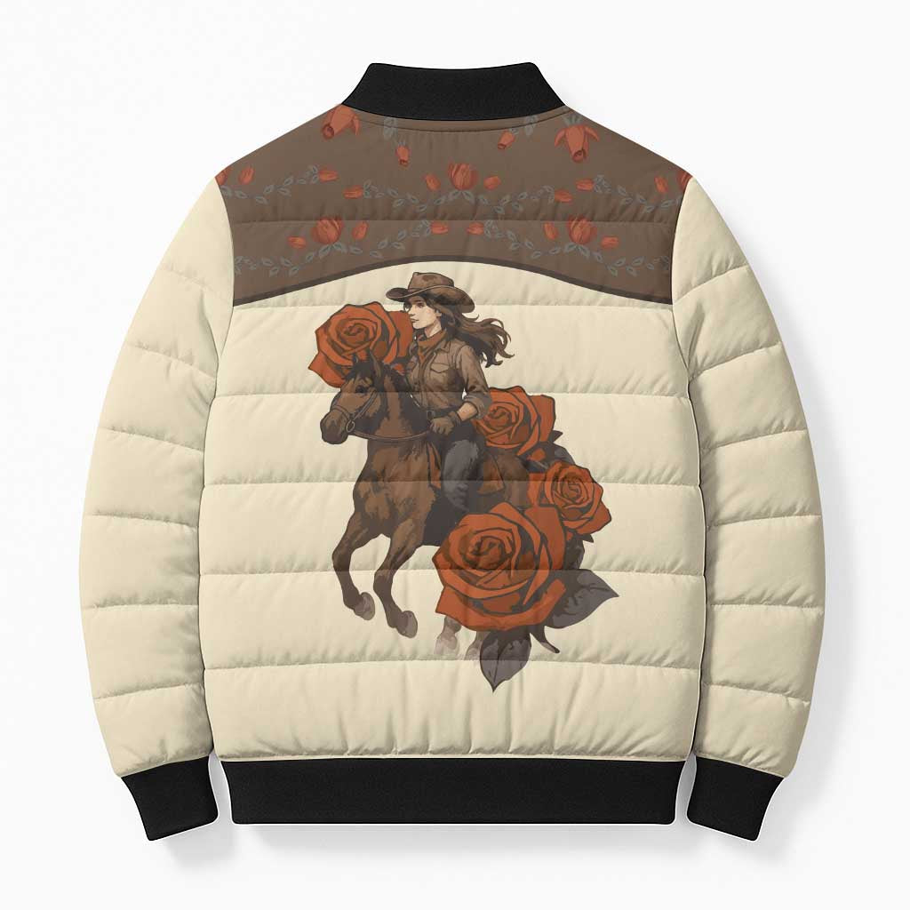 Cowgirl Bomber Puffer Jacket Rose Retro Western Yoke - Wonder Print Shop