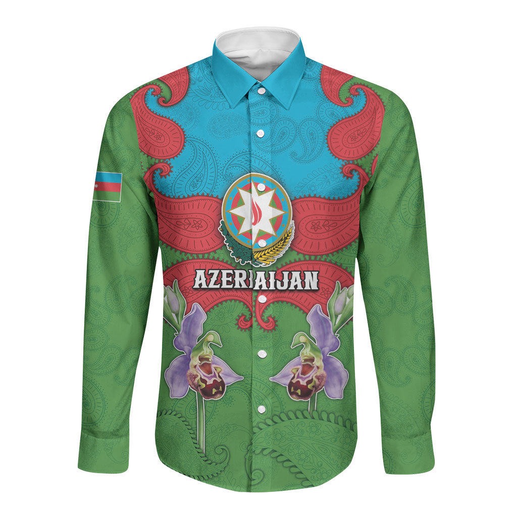 Personalized Azerbaijan Long Sleeve Button Shirt Khari Bulbul Buta Pattern Emblem Flame