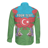 Personalized Azerbaijan Long Sleeve Button Shirt Khari Bulbul Buta Pattern Emblem Flame
