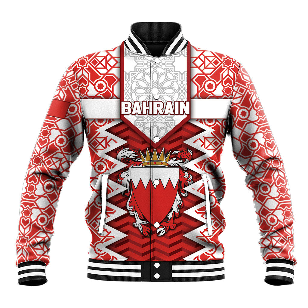 Personalized Bahrain Baseball Jacket Royal Coat Of Arms And Map Islamic Pattern