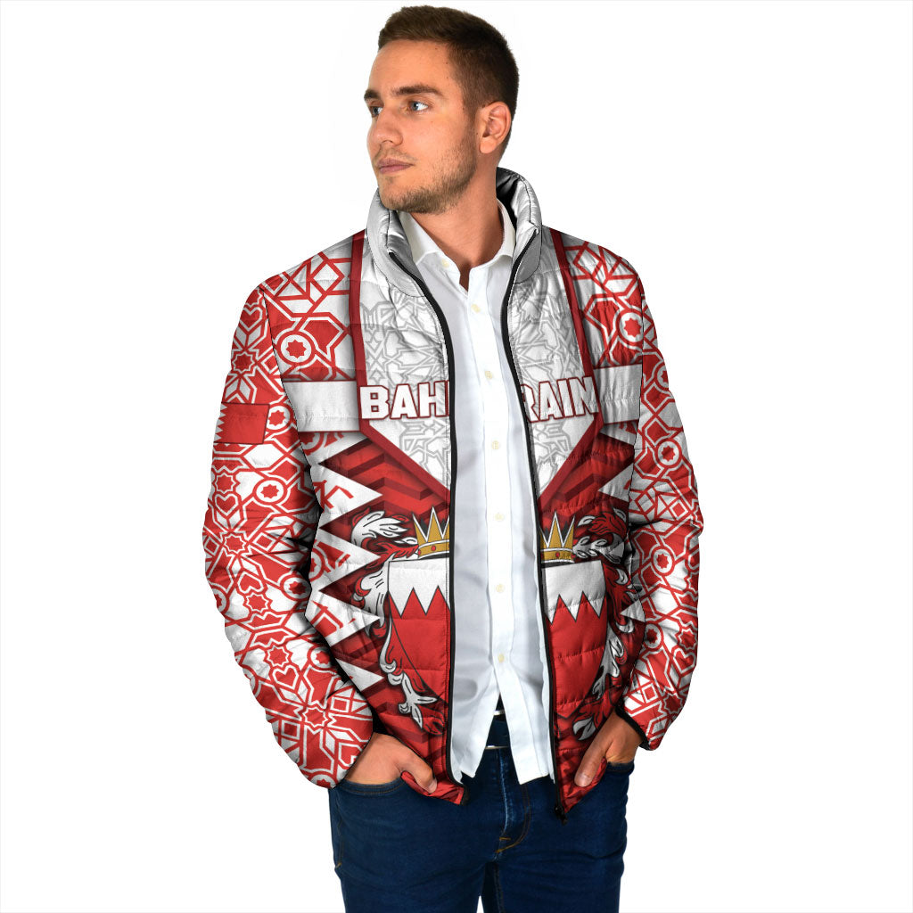 Personalized Bahrain Padded Jacket Royal Coat Of Arms And Map Islamic Pattern