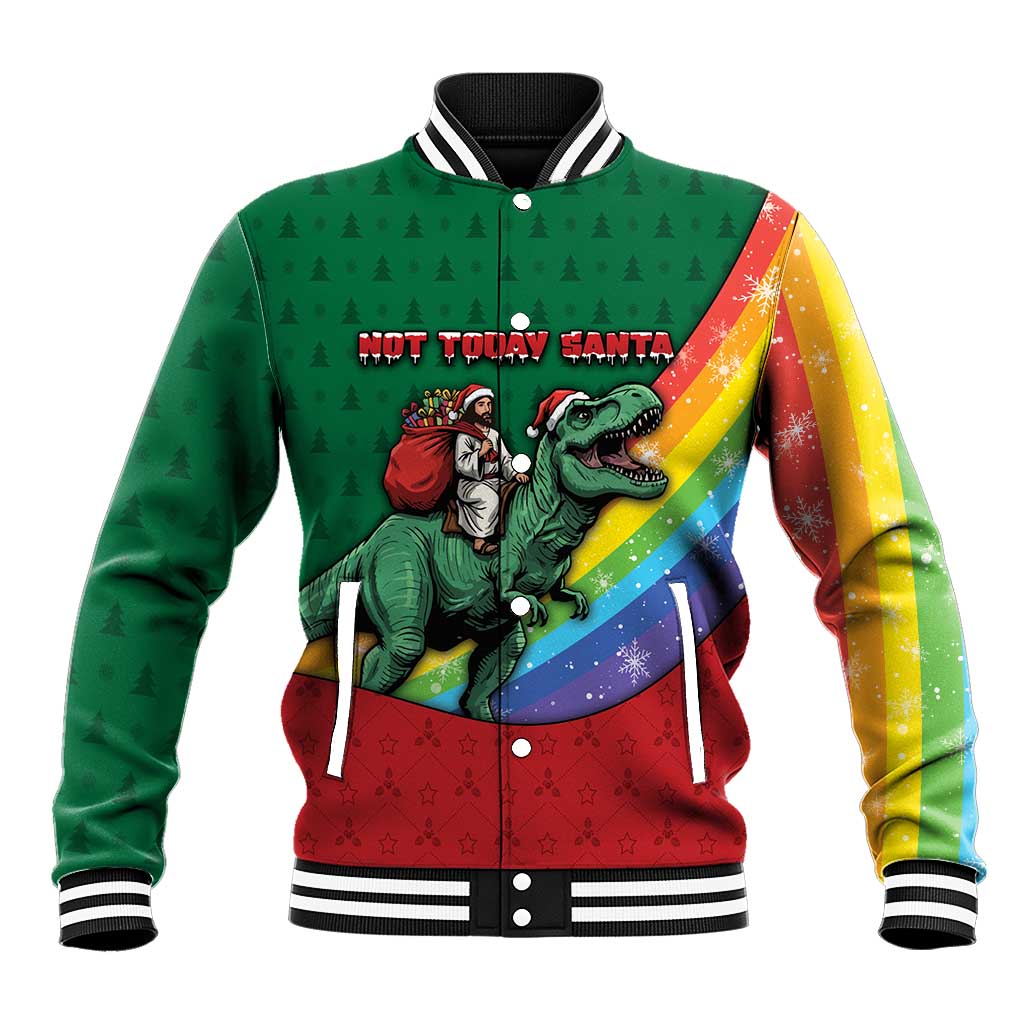 T Rex And Jesus Christmas Baseball Jacket Not Today Santa - Wonder Print Shop