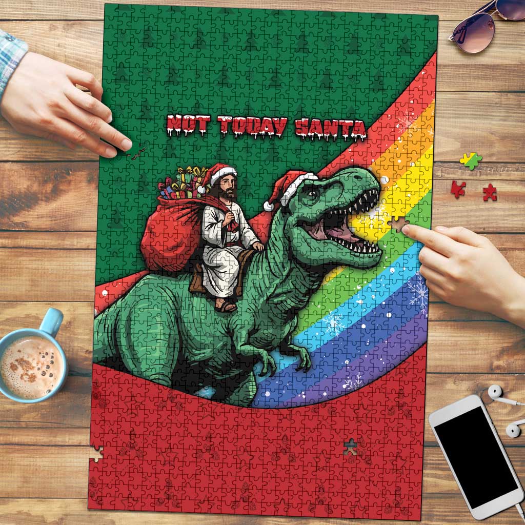 T Rex And Jesus Christmas Puzzle Not Today Santa - Wonder Print Shop