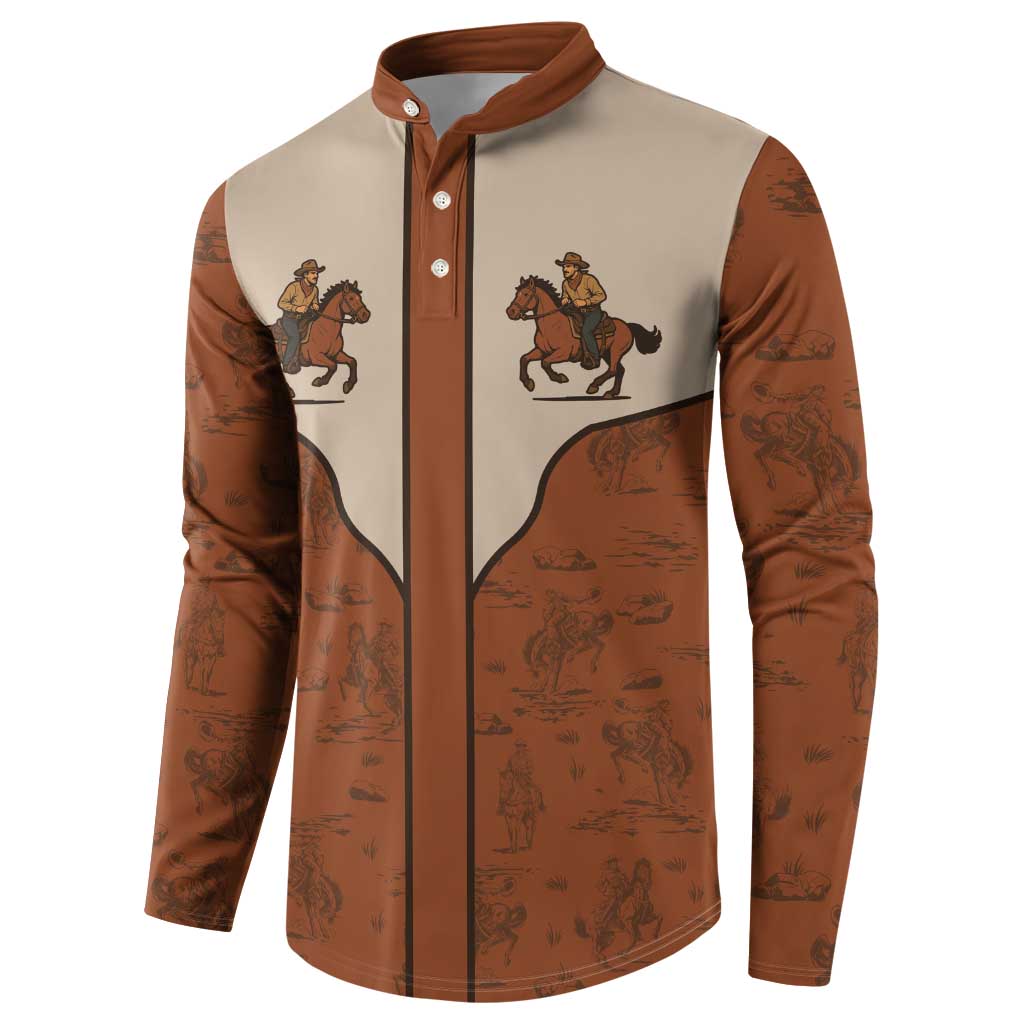 Men's cowboy button sweatshirt with horse rider front print, terracotta and cream panels