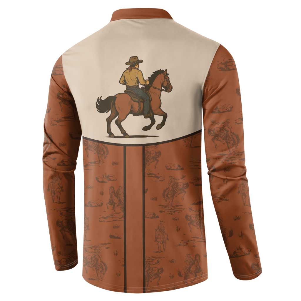 Men's cowboy button sweatshirt with horse rider back graphic, terracotta and cream panels