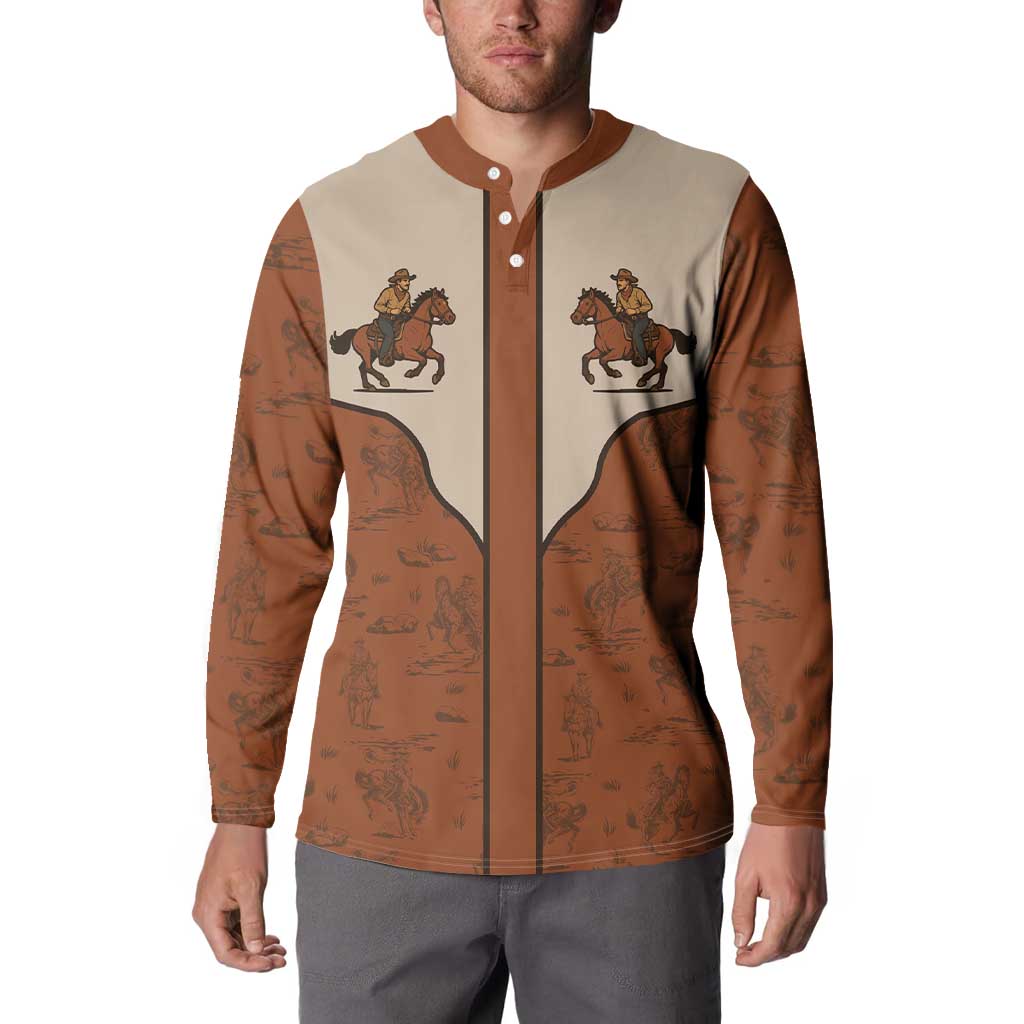 Men's cowboy button sweatshirt, terracotta and cream with horse rider front print
