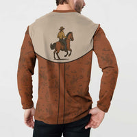 Men's cowboy button sweatshirt on model, terracotta and cream with horse rider back graphic