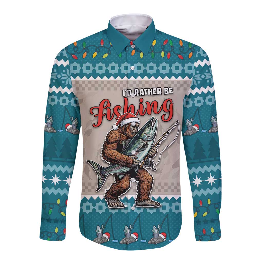 Bigfoot Fishing Christmas Long Sleeve Button Shirt Funny Style - Wonder Print Shop