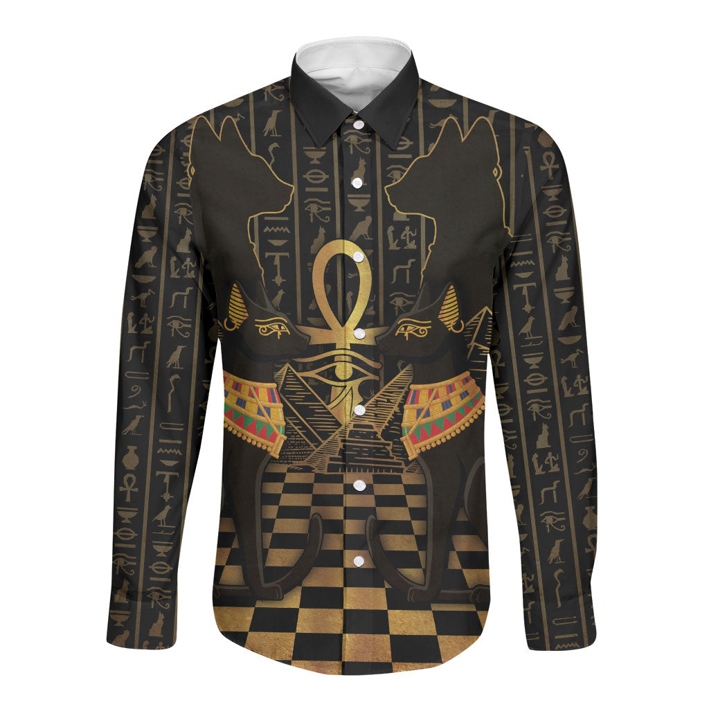 Egyptian Goddess Bastet Long Sleeve Button Shirt Ancient Mythology Sacred Black Cat