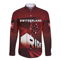 Red cycling long-sleeve button shirt with Switzerland graphic and cyclist front