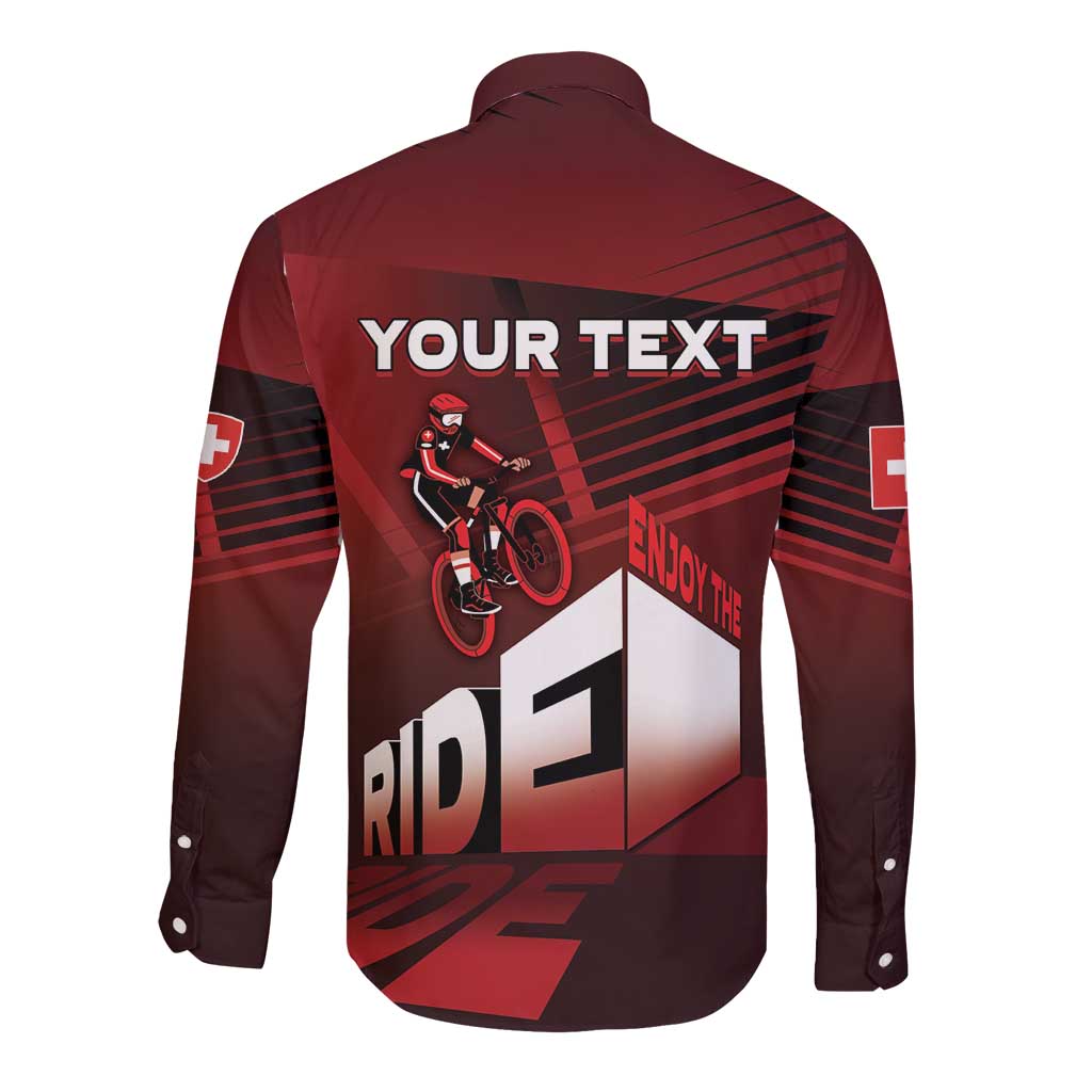 Red cycling long-sleeve button shirt with YOUR TEXT back and cyclist