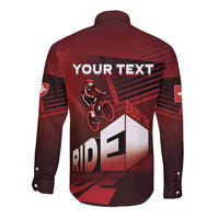 Red cycling long-sleeve button shirt with YOUR TEXT back and cyclist
