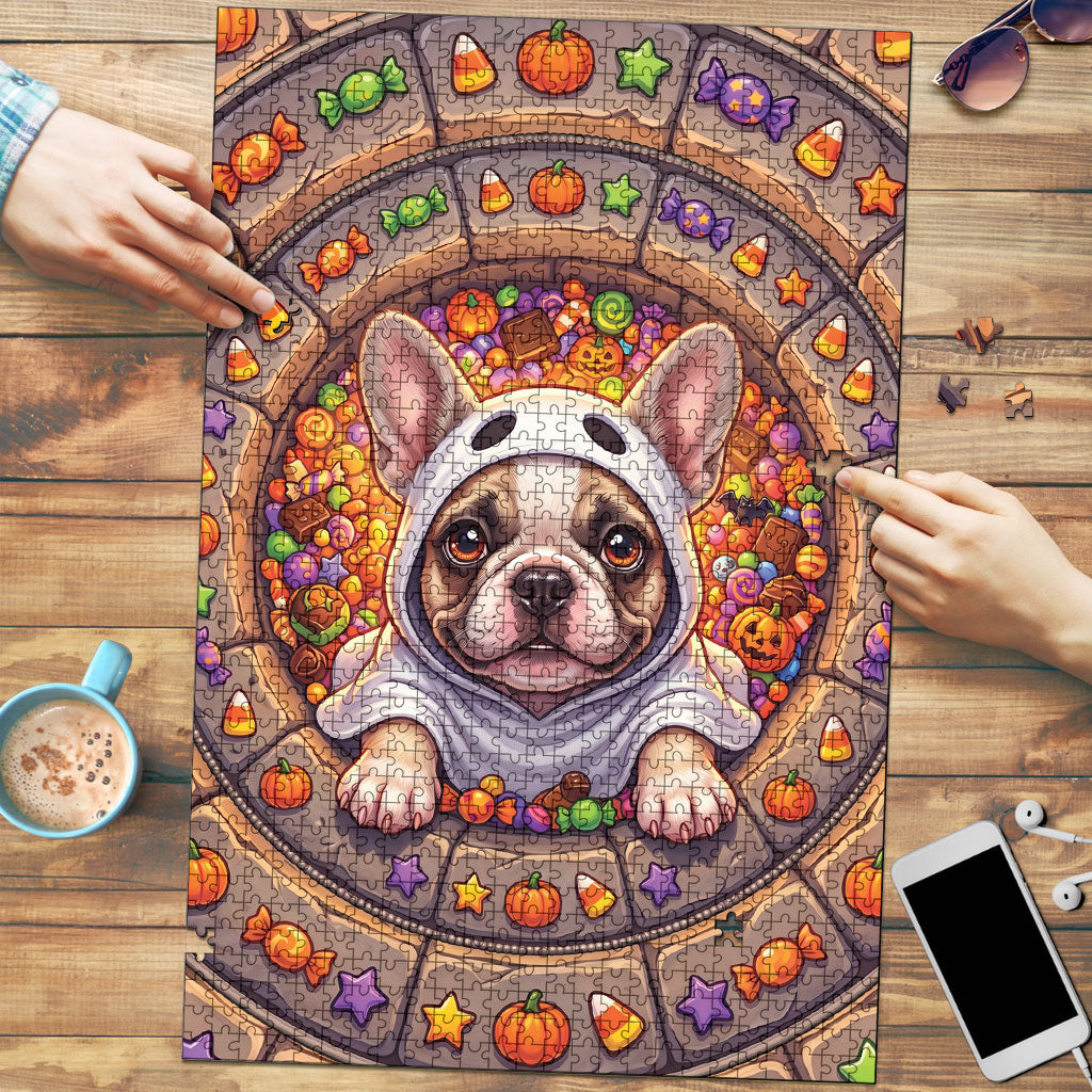 3D Illusion French Bulldog Halloween Puzzle Ghost Puppy Trick Or Treat Candy Well