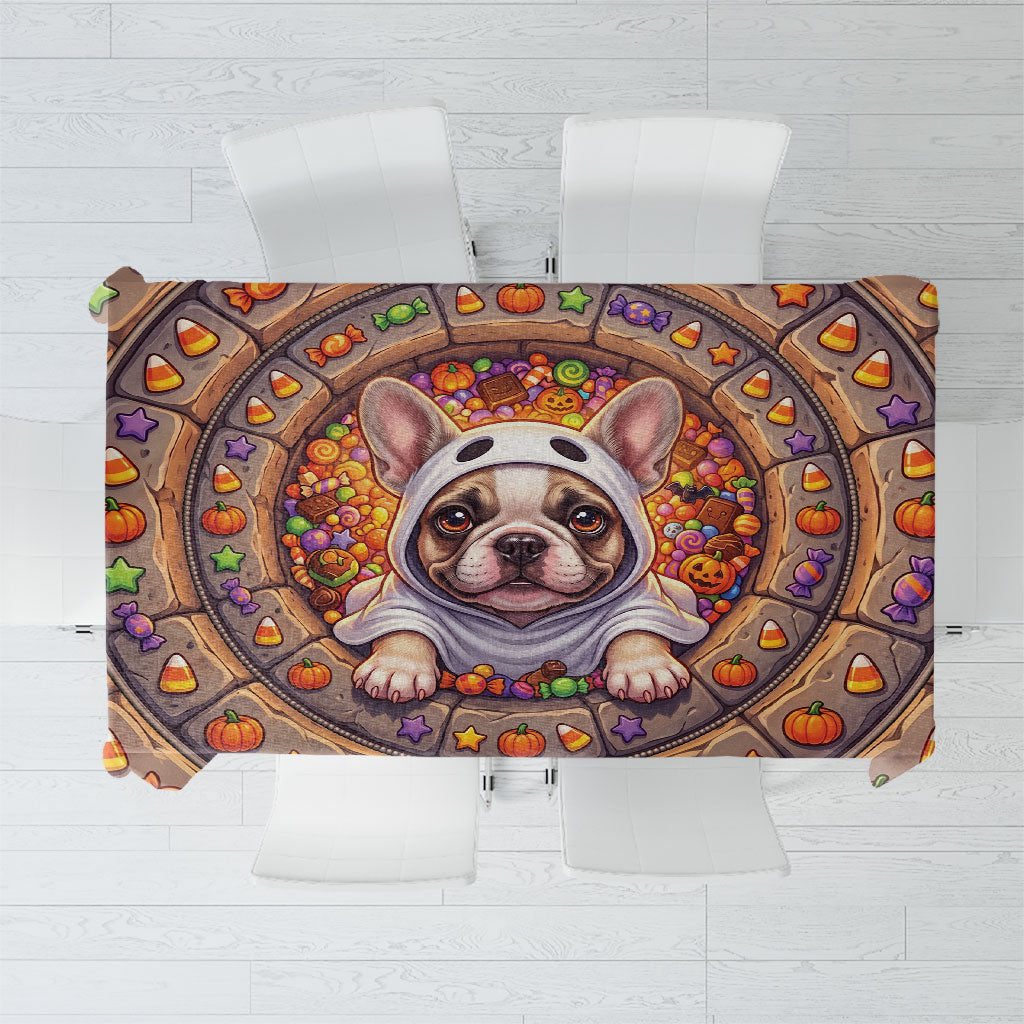 3D Illusion French Bulldog Halloween Tablecloth Ghost Puppy Trick Or Treat Candy Well