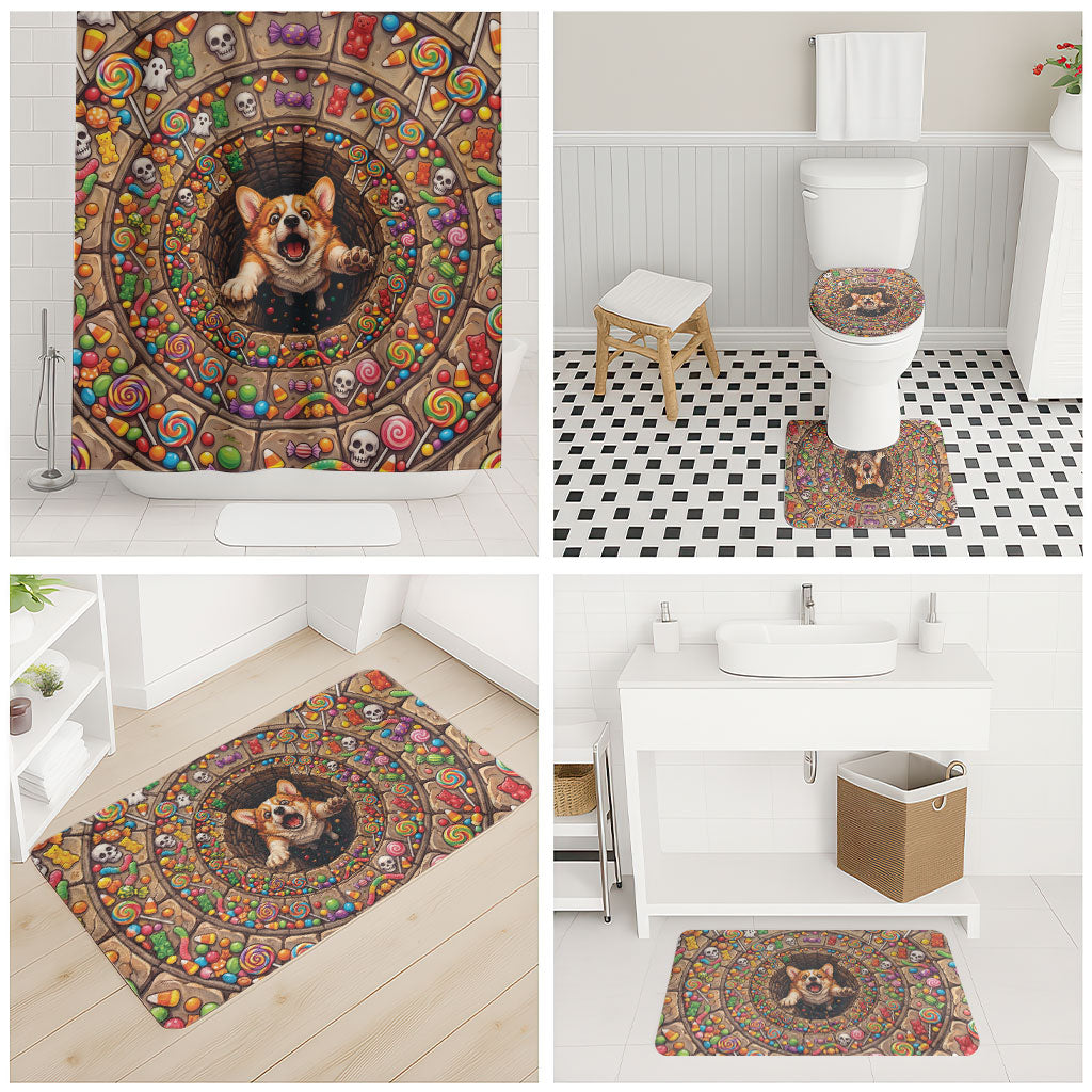 3D Illusion Corgi Halloween Bathroom Set Cute Puppy Rainbow Candy Stone Well