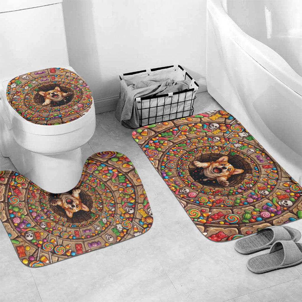 3D Illusion Corgi Halloween Bathroom Set Cute Puppy Rainbow Candy Stone Well