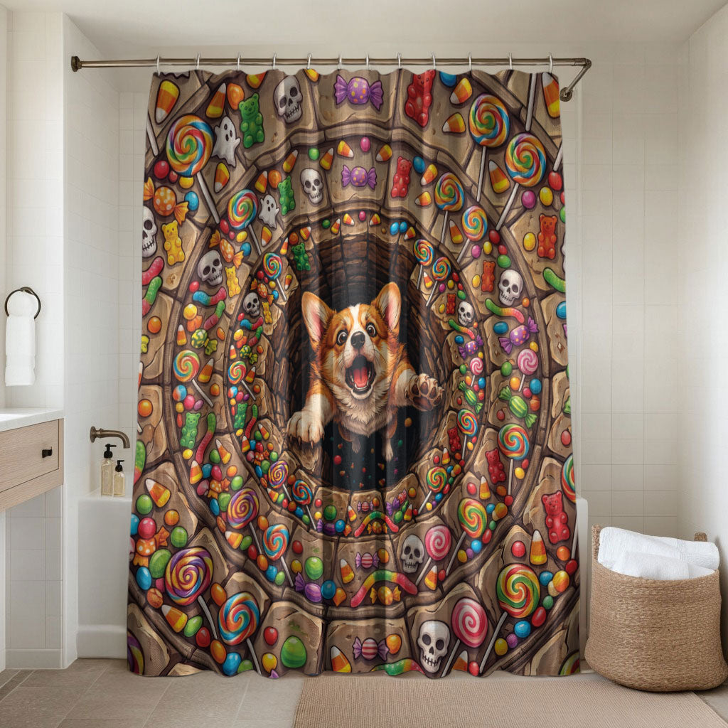 3D Illusion Corgi Halloween Bathroom Set Cute Puppy Rainbow Candy Stone Well