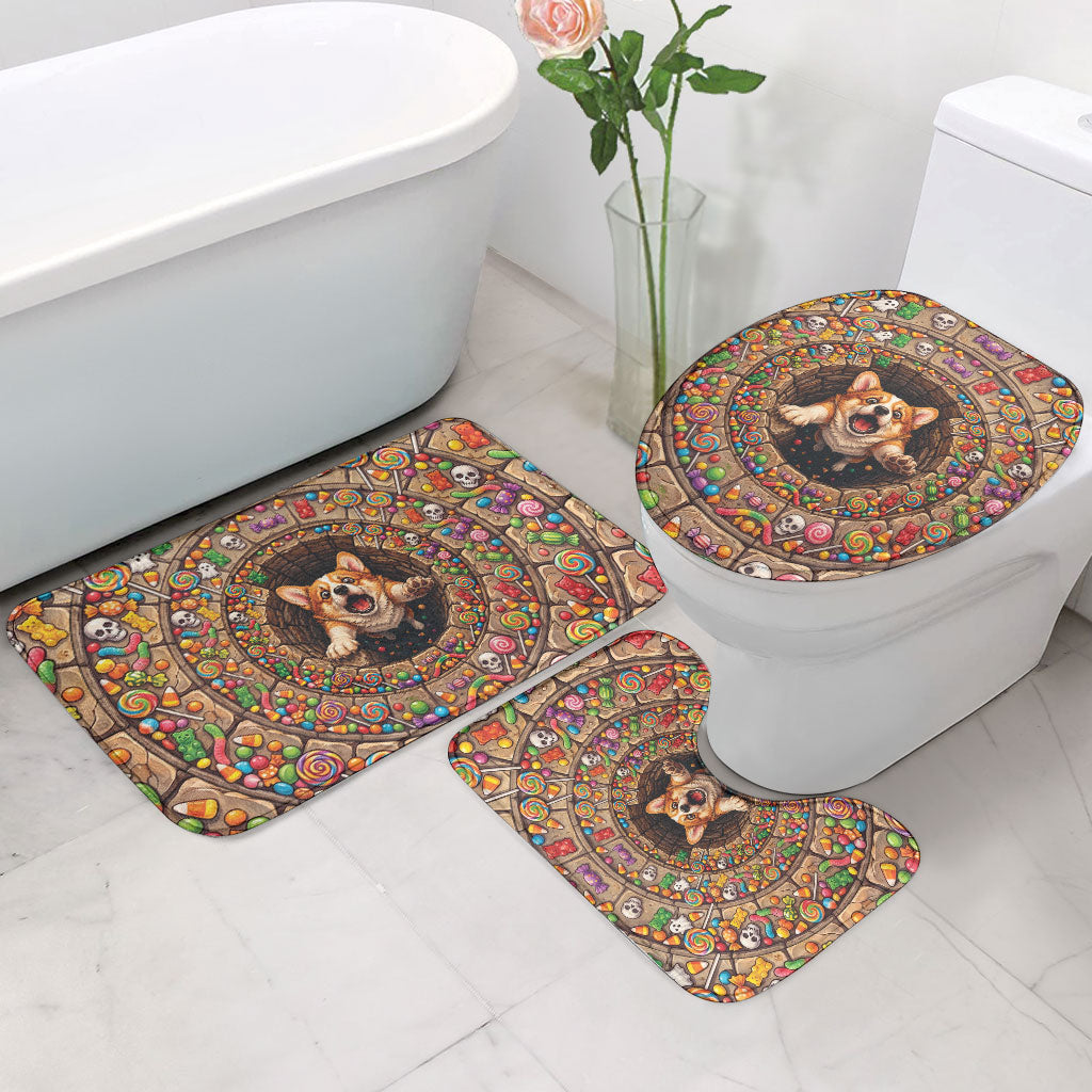 3D Illusion Corgi Halloween Bathroom Set Cute Puppy Rainbow Candy Stone Well