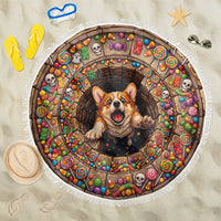 3D Illusion Corgi Halloween Beach Blanket Cute Puppy Rainbow Candy Stone Well