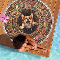 3D Illusion Corgi Halloween Beach Blanket Cute Puppy Rainbow Candy Stone Well