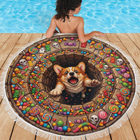 3D Illusion Corgi Halloween Beach Blanket Cute Puppy Rainbow Candy Stone Well