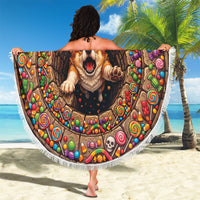 3D Illusion Corgi Halloween Beach Blanket Cute Puppy Rainbow Candy Stone Well