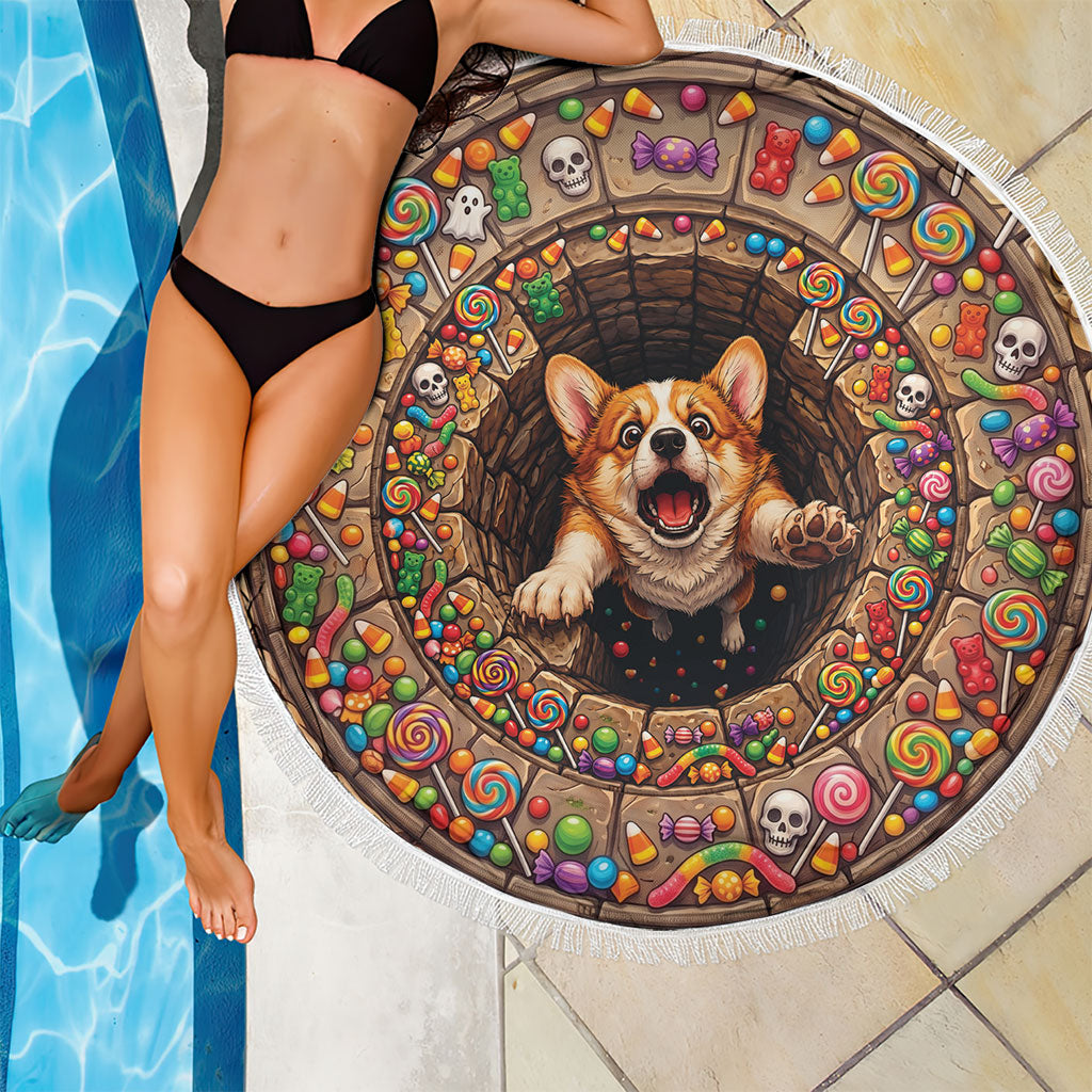 3D Illusion Corgi Halloween Beach Blanket Cute Puppy Rainbow Candy Stone Well