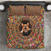 3D Illusion Corgi Halloween Bedding Set Cute Puppy Rainbow Candy Stone Well