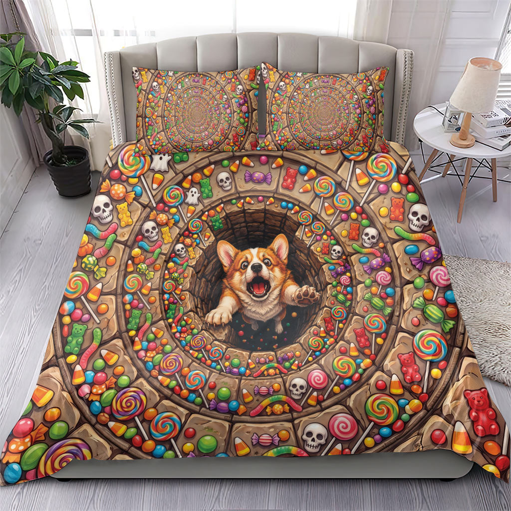 3D Illusion Corgi Halloween Bedding Set Cute Puppy Rainbow Candy Stone Well
