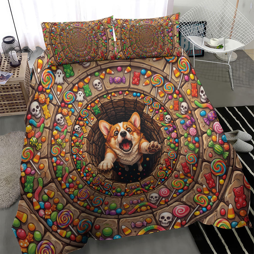 3D Illusion Corgi Halloween Bedding Set Cute Puppy Rainbow Candy Stone Well