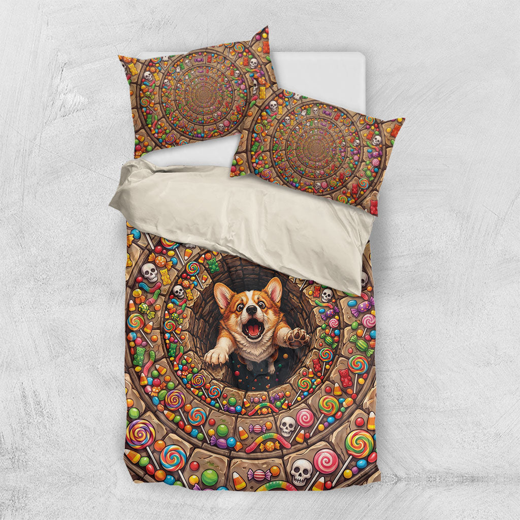 3D Illusion Corgi Halloween Bedding Set Cute Puppy Rainbow Candy Stone Well