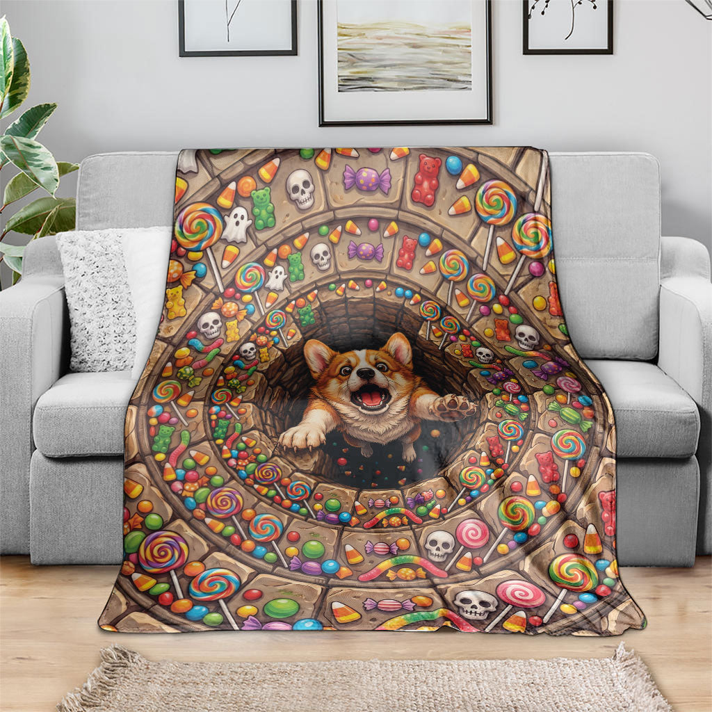 3D Illusion Corgi Halloween Blanket Cute Puppy Rainbow Candy Stone Well