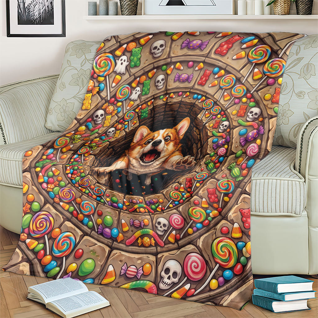 3D Illusion Corgi Halloween Blanket Cute Puppy Rainbow Candy Stone Well