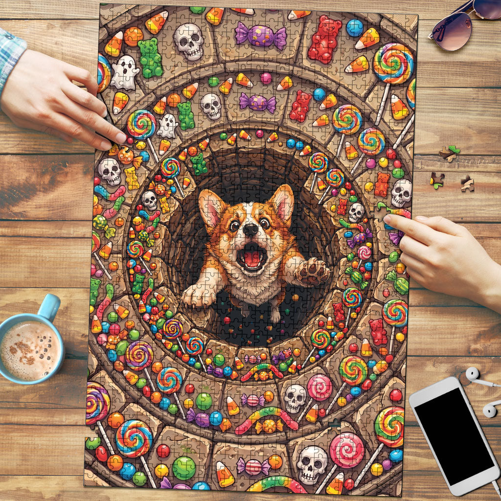 3D Illusion Corgi Halloween Puzzle Cute Puppy Rainbow Candy Stone Well