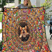 3D Illusion Corgi Halloween Quilt Cute Puppy Rainbow Candy Stone Well