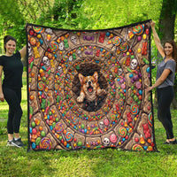 3D Illusion Corgi Halloween Quilt Cute Puppy Rainbow Candy Stone Well