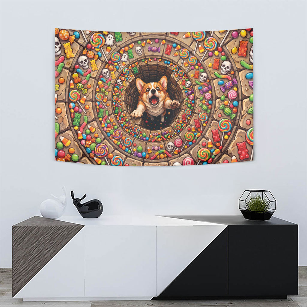 3D Illusion Corgi Halloween Tapestry Cute Puppy Rainbow Candy Stone Well