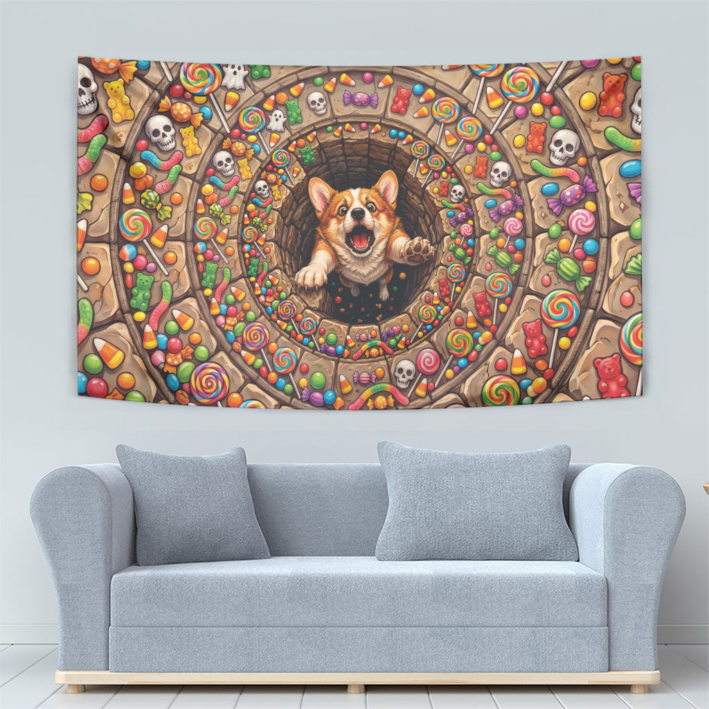 3D Illusion Corgi Halloween Tapestry Cute Puppy Rainbow Candy Stone Well