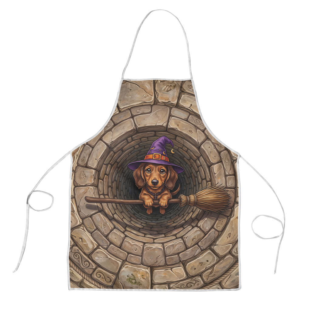 3D Illusion Dachshund Halloween Apron Witch Puppy Flying Broomstick Stone Well