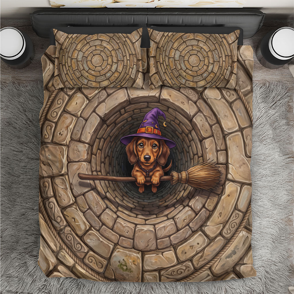 3D Illusion Dachshund Halloween Bedding Set Witch Puppy Flying Broomstick Stone Well