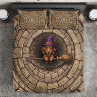 3D Illusion Dachshund Halloween Bedding Set Witch Puppy Flying Broomstick Stone Well