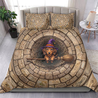 3D Illusion Dachshund Halloween Bedding Set Witch Puppy Flying Broomstick Stone Well