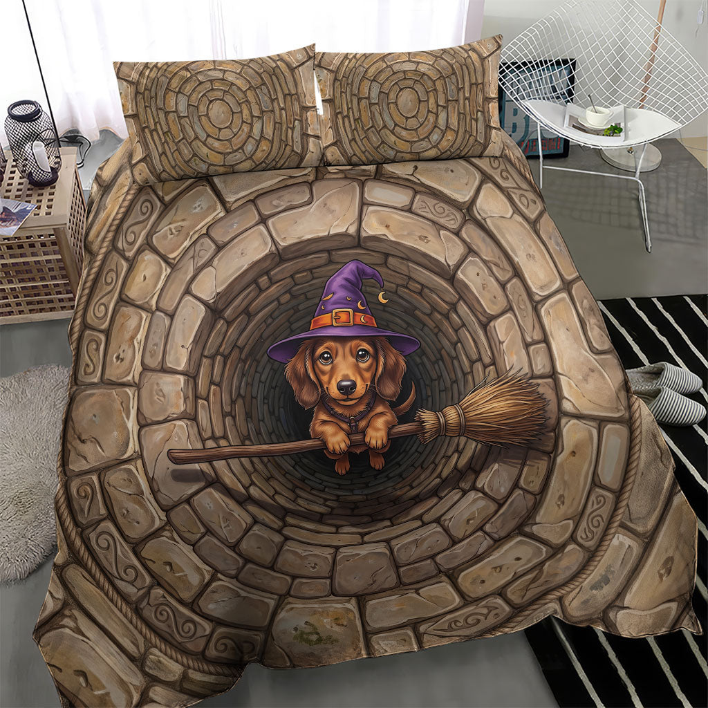 3D Illusion Dachshund Halloween Bedding Set Witch Puppy Flying Broomstick Stone Well