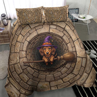 3D Illusion Dachshund Halloween Bedding Set Witch Puppy Flying Broomstick Stone Well