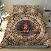 3D Illusion Dachshund Halloween Bedding Set Witch Puppy Flying Broomstick Stone Well