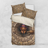 3D Illusion Dachshund Halloween Bedding Set Witch Puppy Flying Broomstick Stone Well