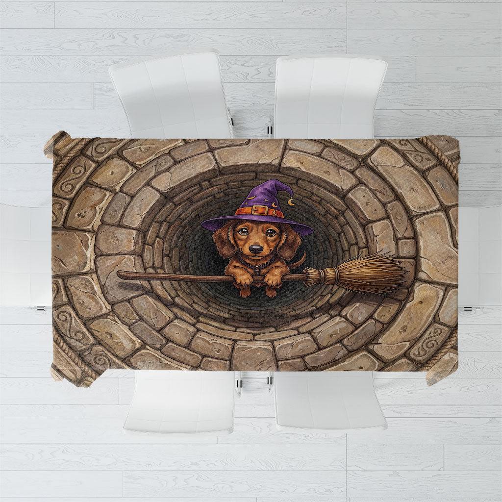 3D Illusion Dachshund Halloween Tablecloth Witch Puppy Flying Broomstick Stone Well