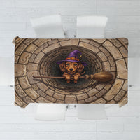 3D Illusion Dachshund Halloween Tablecloth Witch Puppy Flying Broomstick Stone Well