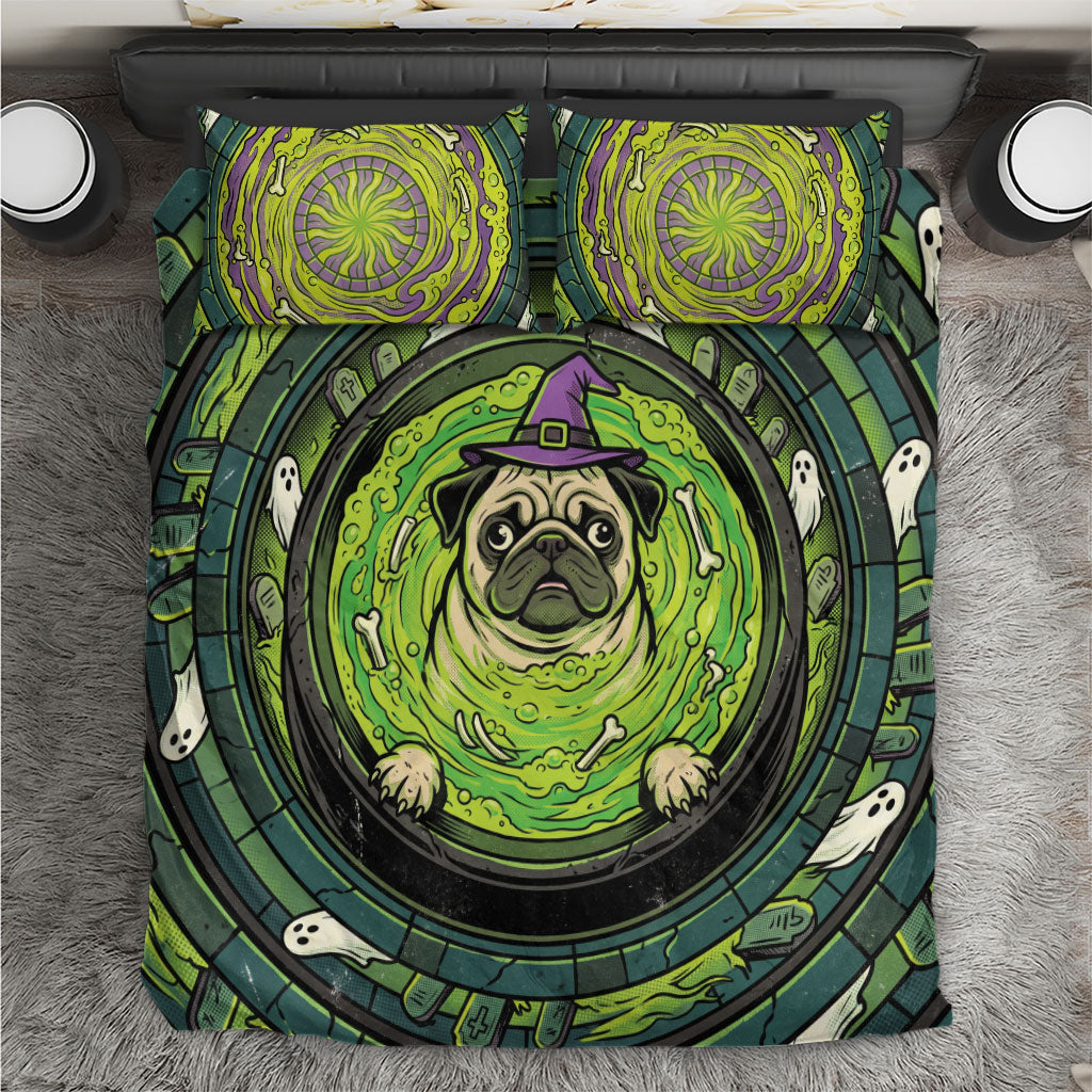 3D Illusion Pug Halloween Bedding Set Witch Puppy Bubbling Green Cauldron